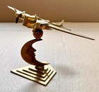 Vintage Art Deco Solid Brass Airplane Desk Ornament On  man In The Moon  Stand