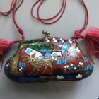 Vintage Asian Cloisonn   Red Metal Box Mini Purse Or Necklace Deer Scenic Rare