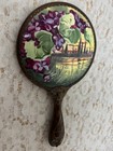 Antique Art Nouveau Painted Floral Vanity Hand Mirror Embossed Mermaid Handle