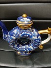 Vintage Asian Large Donut Shaped Teapot 10   10   Blue   White   Gold