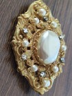 Miriam Haskell Gold Baroque Pearl And Rhinestone Brooch Pin Signed Vintage