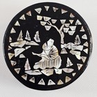 Oriental Mother Of Pearl Round Inlay Black Lacquer Snuff Pill Ring Trinket Box
