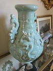 Chinese Longquan Green Celadon Carved Twin Dragon Large Vase  With Tassel 