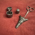 Set Of Vintage Pewter Thimble  Thimble Case  Scissors And Scissors Case