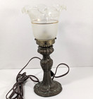 Ornate Antique Art Nouveau Spelter Table Lamp Etched Glass Shade Bulb Included