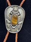 Vintage Tooled Alpaca Silver Tiger   s Eye Bolo Tie Braided Leather Southwestern