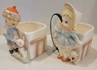 Relpo Samson Import 1961 Boy W puppy   Girl W kitten 1961 Figurine Planters  Vtg