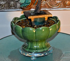 12  Vintage Bonsai Peking Jade Tree In Brass   Jade Bowl Cut Glass Stand