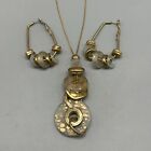  Necklace Earring Jewelry Set Gold Tone Drop Pendant Pierced Hoop Matching 2 Pc