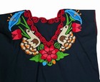 Vintage Mexican Embroidered Black  Blouse Huipil Floral Bird Maya Boho Top Large