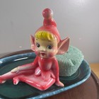 Vtg Pink Pixie Elf Ceramic Figurine Teal Green Tray Mid Century Modern Kitsch