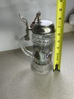 Glass Beer Stein Mug W  Metal Hinged Lid   Wing Thumb Lift  Renaissance  Pewter