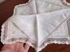 Vintage Embroidered Cream Linen Wedding Bridal Handkerchief Floral Lace Octagon