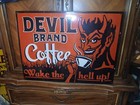 Rare Large Devil Brand Coffee Wake The Hell Up 2ft Porcelain Metal Beverage Sign
