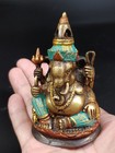 19th C Indian Gild Turquoise Bronze Sculpture Hindu Elephant God Ganesha Figure
