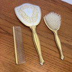 Vintage Embroidered Gold Tone 3 Piece Mirror Comb Hair Brush Vanity Set Made Usa