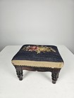 Vintage Needlepoint Footstool Carved Dark Wood Floral Petit Point Vanity Stool