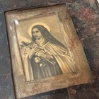Rare Primitive St Therese Retablo Folk Art Catholic Icon Tin Frame Opelousas La