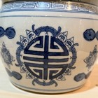 Vtg Chinese Blue   White Lidded Porcelain Jar W  Foo Dog Lid Longevity Shou Sym 