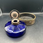 Antique Gold And Cobalt Glass Inkwell With Base