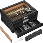 Cedar Wood Cigar Humidor Glass Top Desktop Box Digital Hygrometer Humidifier