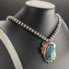 Native American Turquoise Coral Beaded Sterling Silver Necklace 21 