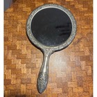 Vintage Silver Plate Hand Mirror Embossed Round Floral Design With Aged Patina