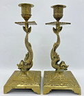 Antique Pair Of French Candlesticks 19th Century Bronze Fishes
