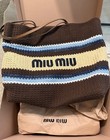 Miu Miu Raffia Tote Bag Zip 25 New Edition Brown Blue W  Dust Bag   Original Box