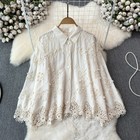 Women Embroidered Flower Shirt Blouse Top Loose Fit Lace Button Casual Sweet