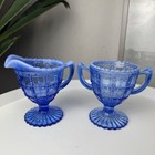 Vintage Deco Imperial Glass Beaded Block Blue Opalescent Cream   Sugar Set C1930