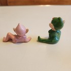 2 Miniature Elf Pixie Ceramic Figurines Hand Painted Green And Pink Mcm Vtg 50 s