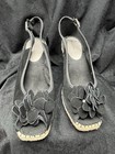 Bandolino Black Leather Wedge Slingback Sandals Buckle Flower Accent 10m