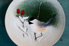 Vintage Signed Norman Brumm 6  Enamel Copper Plate Chickadee Snow Red Berries