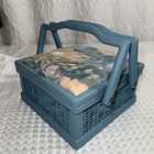 Vintage 80s Sewing Box Wicker Storage Basket Organizer Wooden Handle Fabric Lid