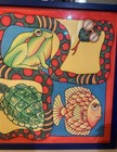 Signed Animals Silk Art Framed Print Featuring Frog Snake Turtle Fish