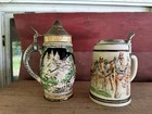 Lot Of 2 Painted German Beer Steins With Hinged Pewter Lids