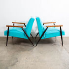Mid Century Modern Lounge Chairs Pair Blue Aqua Oak Wood Vintage American Set Nm