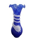 Vintage Art Deco Vase Blue With  White Spiral Ruffed Top Italian Art Glass