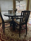 Round Dining Table Set  Glass Insert  4 Chairs  Dark Wood  Beige Faux Leather