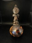 African Tribal Carved Wood Female Figure Mounted On Gourd Ritual Vessel