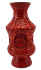 Vintage Chinese Deep Hand Carved Dragon   Foo Dog Red Lacquer Cinnabar Vase