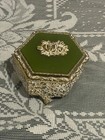 Antique Vintage Jewelry Box Japan Rose Miniature Trinket Velvet Lining Green