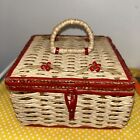 Vintage Sewing Basket Box Red White Woven Wooden Bottom Japan W Notions6 5   x6 5   