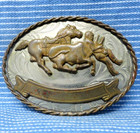 Steer Wrestling Cowboy Belt Buckle Trophy Rodeo Nickel Silver Vintage 80s bmw837