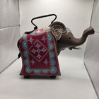 Vintage Heavy Metal Elephant Watering Can Hand Painted Pink Blue Decor 13 5in