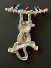 Cat Hanging From Branch With Lights Silver Tone Glitter Enamel Brooch Pin