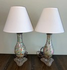 2 Antique Chinese Famille Rose Butterfly Bird Porcelain Vase Table Lamp Ormolu