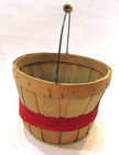 Vintage 1980s Greenish Shaved Woven Wood 6x9 Handle Basket W Red Paper Felt Band