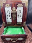 1950s Carved Wood Jewelry Box Jade Inlay  Brass Fittings And Lock key